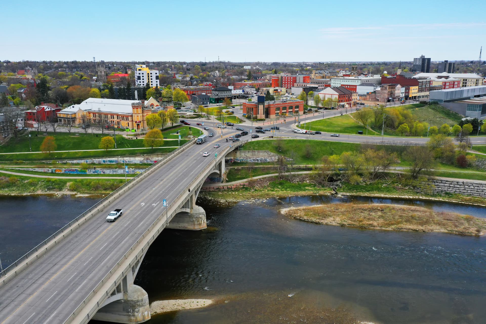 Bird's eye view of the City of Brantford, with a focus on Lorne Bridge