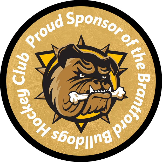 Proud Sponsor of the Brantford Bulldogs Hockey Club badge, with an illustration of a bulldog with a bone in it's mouth