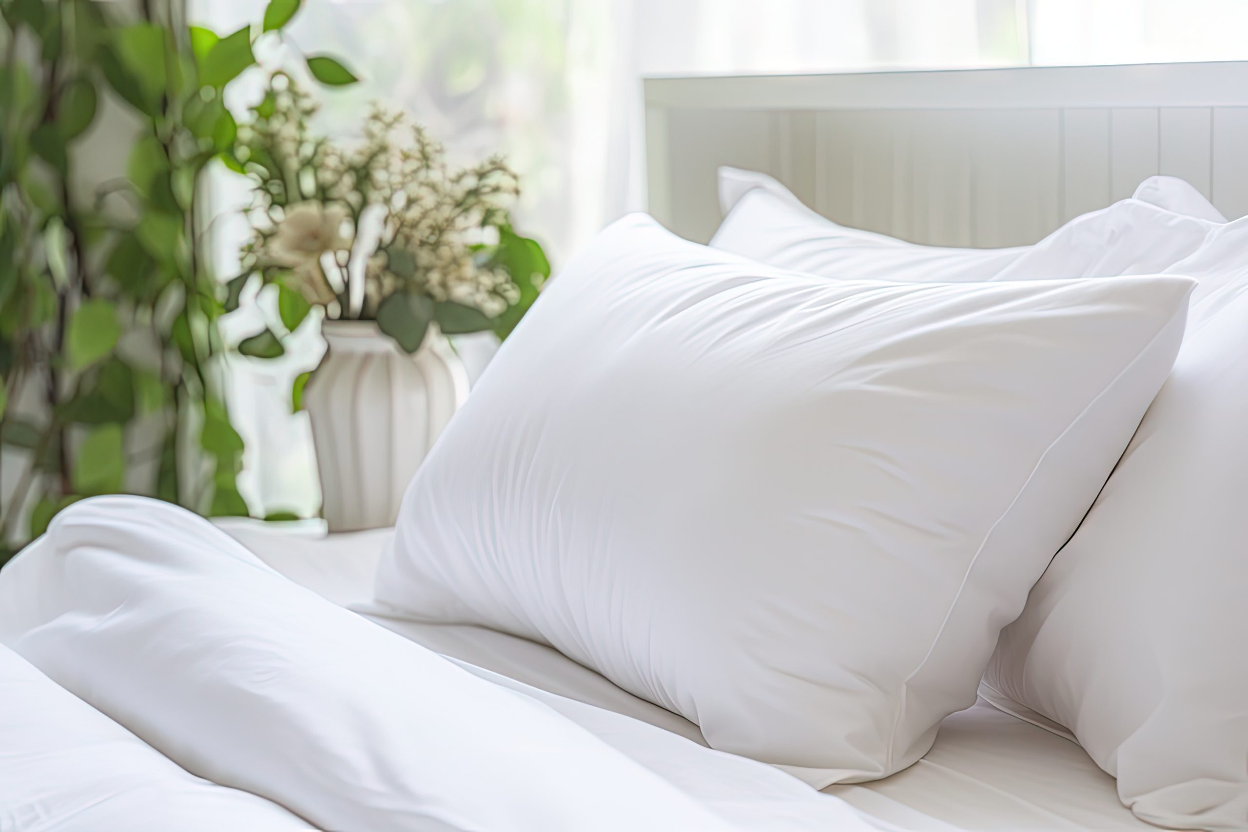 Close up of a bed with crisp white linen