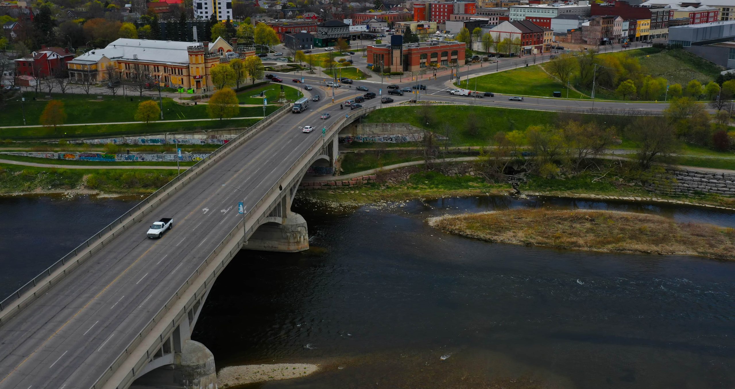 Bird's eye view of the City of Brantford, with a focus on Lorne Bridge